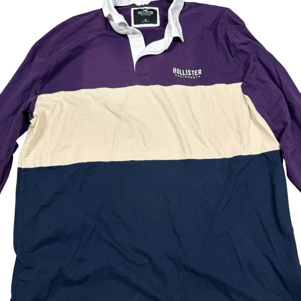 Hollister California Mens XL Long Sleeve Rugby Shirt Purple Colorblock Polo